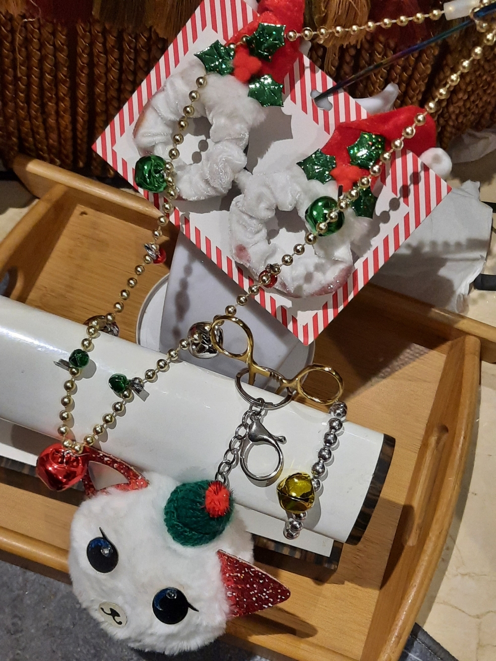 6pc Festive Plush Bundle Cat Pom Keyfob Necklace, 🎅Studs, Glasses😎, Bracelet